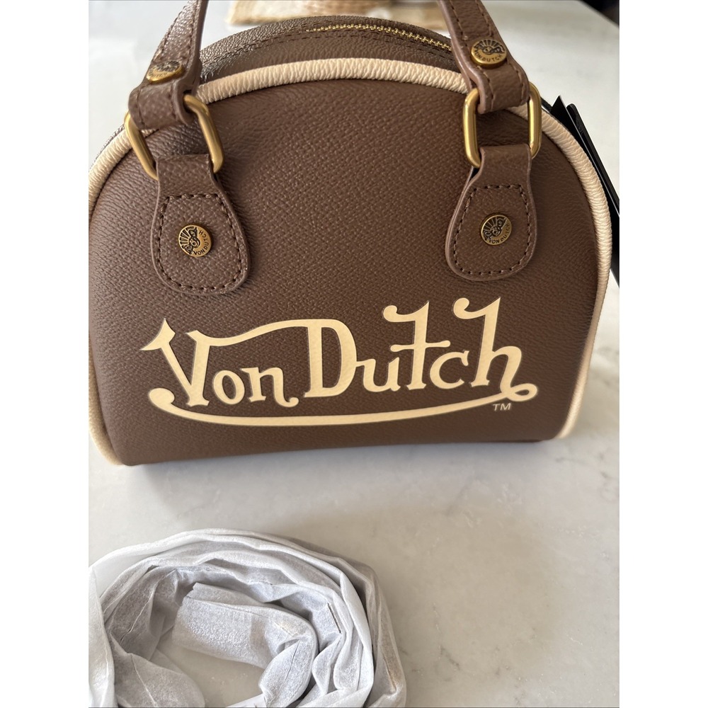 Von Dutch Brown Bowler Top Handle Bag Logo Accent Zip Closure Crossbody Strap - Picture 4 of 7